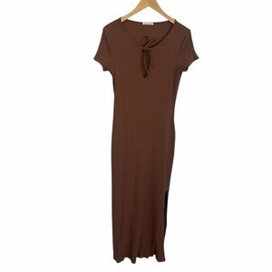 Reformation Brown Ribbed Knit Keyhole Midi Slit Dress Size Large